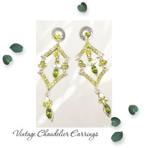 Vintage Chandelier Earrings Green & Aurora Borealis Rhinestones  Approx 3"